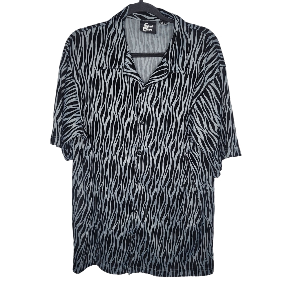 Vintage Y2K Street Culture Flames AOP Velvet Button Down Shirt Size XL Black